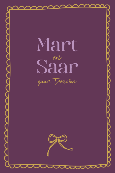 Trouwkaart met strikje okergeel en aubergine paars lila