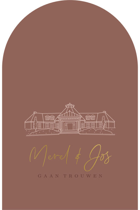 Trouwkaart lijntekening trouwlocatie koningshof goudfolie rood bruin