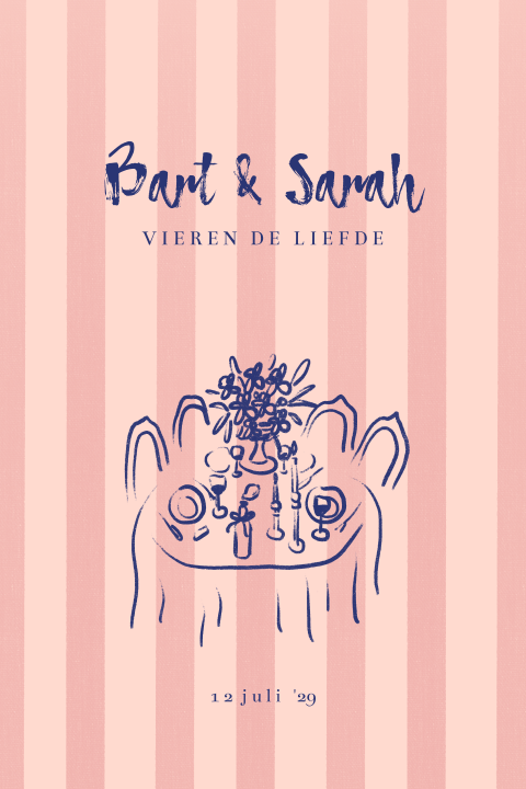 Trouwkaart met tafelsetting doodles gestreept rood roze blauw