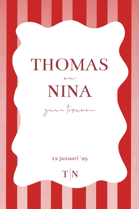 Trouwkaart met strepen en organische vormen fel rood en roze