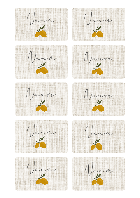 Naamkaartjes voor tafelsetting tijdens bruiloft linnen look citroenen