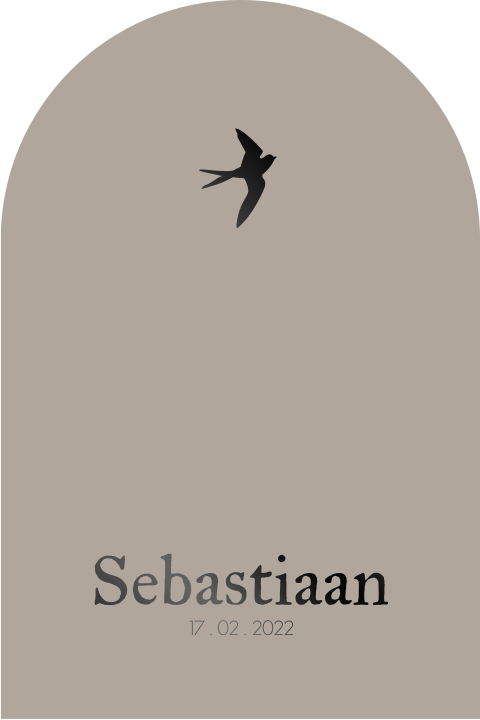 Zwartfolie kerkraam baby-rouwkaartje met zwaluw voor een jongen