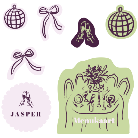 Verschillende doodle vormpjes discobal strikje wijnglazen trouwkaart