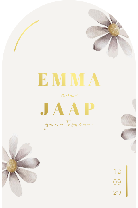 Trouwkaart ronde bovenkant paars geschilderde bloemen met rosefolie