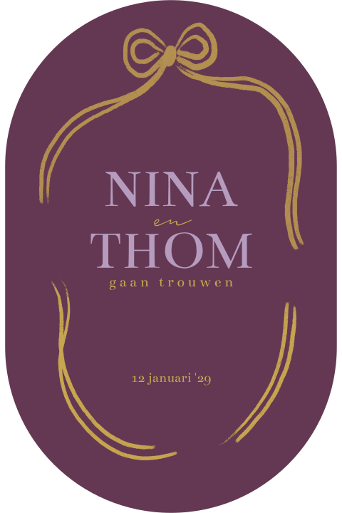 Trouwkaart ovaal met strikje aubergine paars en oker geel