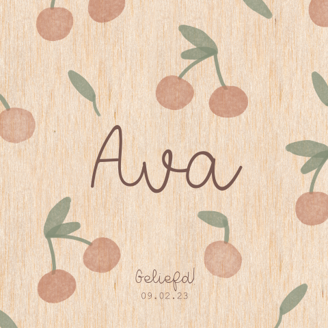 Geboortekaartje meisje op hout met watercolour kersen
