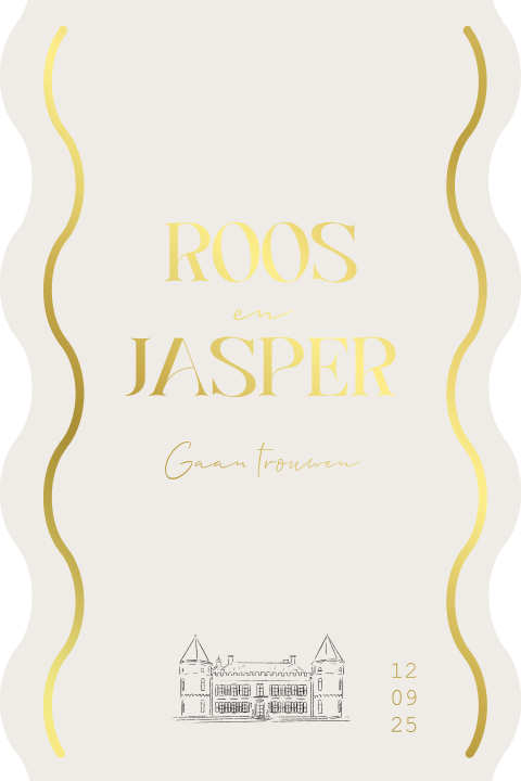 Trouwkaart met tekening landgoed de Salentein en golvende goudfolie