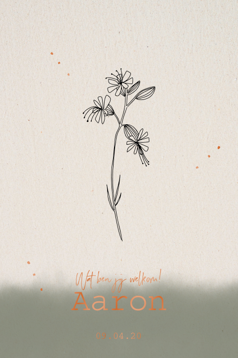 Geboortekaartje met botaninsche tekening in koperfolie