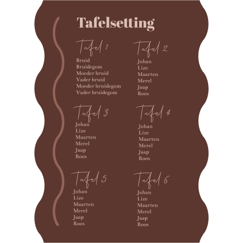tafelsetting bord namen van daggasten roze bruin golvende vorm