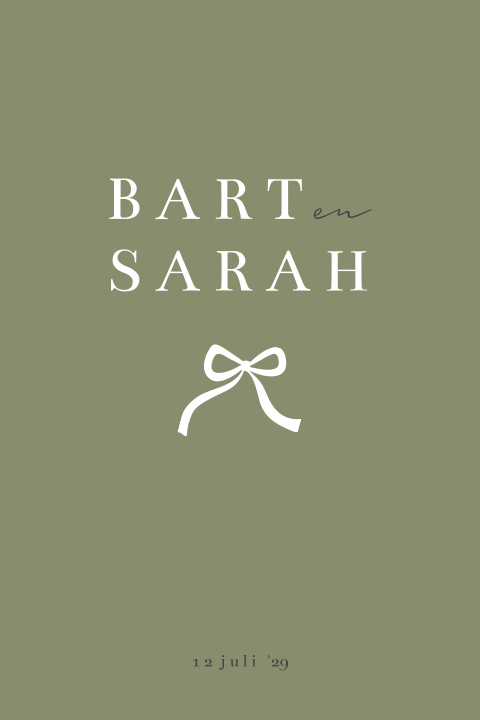 Klassieke trouwkaart met olijfgroen met wit strikje minimalistisch