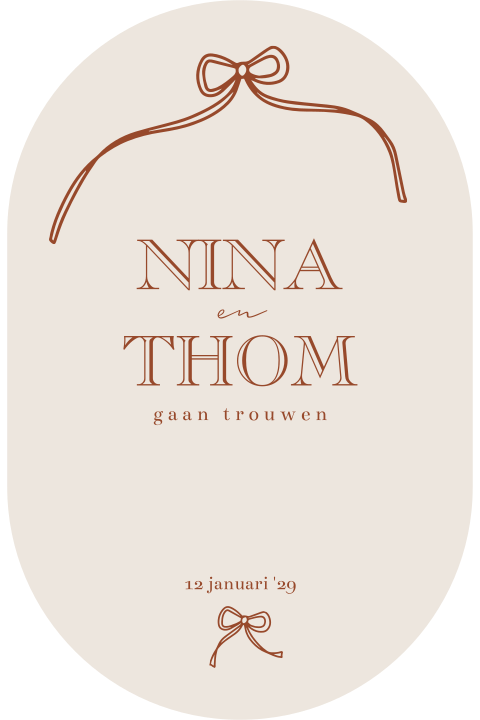 Trouwkaart ovaal met strikje beige oranje