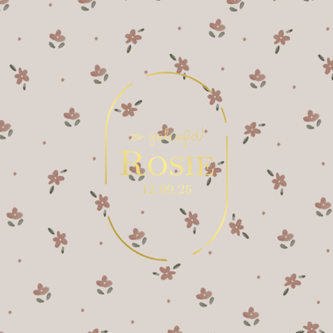 Geboortekaartje meisje met lieve bloemetjesprint ovaal en goudfolie