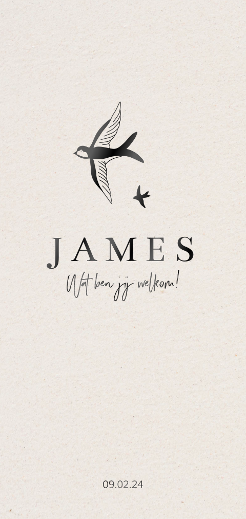 Geboortekaartje jongen met zwaluw in zwartfolie en kraft