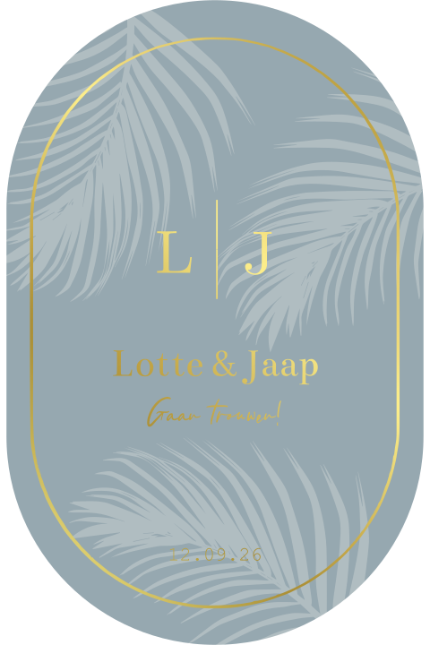 Trouwkaart ovalen vorm met goudfolie lichtblauw initialen en palmboom