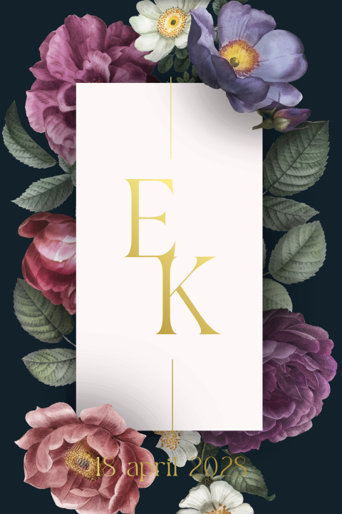 Trouwkaart met gekleurde bloemen en goudfolie