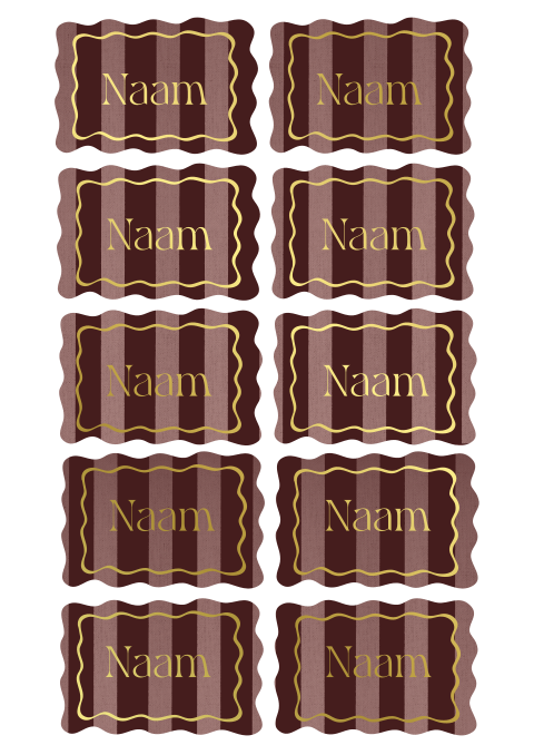 Naamkaartjes voor tafelsetting met roze strepen bordeax en goudfolie