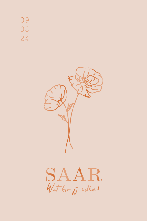 Geboortekaartje meisje geboortebloem augustus klaproos roze koperfolie