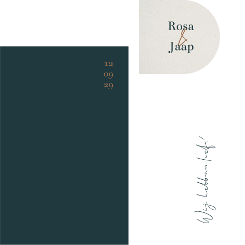 Minimalistische trouwkaart labeltjes paperclip blauw beige en oranje