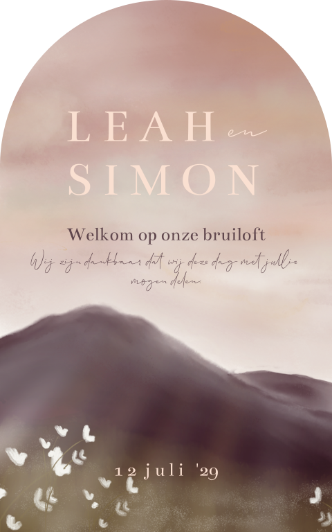 Welkomstbord met paarse bergen zonsopkomst liefwoord