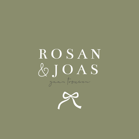 Trouwkaart olijfgroen met wit strikje klassiek minimalistisch