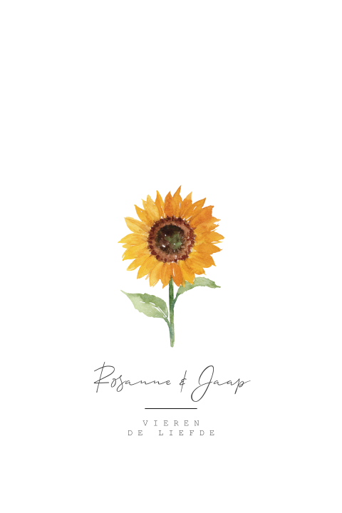 Ovalen trouwkaart met zonnebloem geel en wit