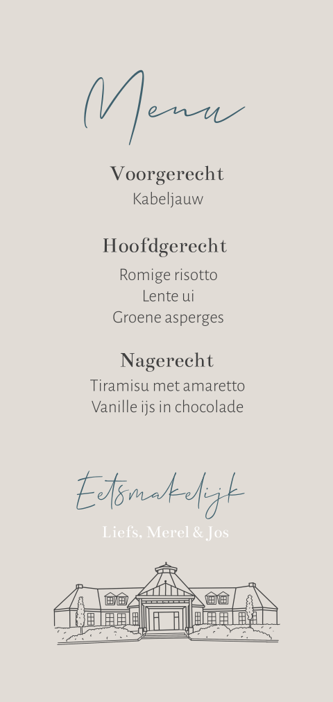 Menukaart ronde randen met trouwlocatie de Koningshof Urk