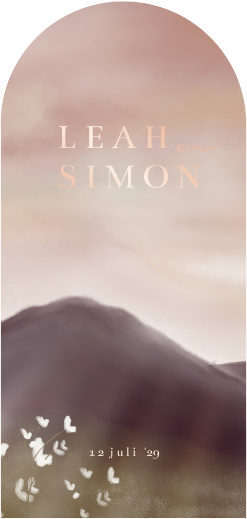 Boogkaart met paarse bergen zonsopkomst liefwoord