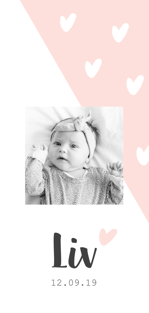 Lief geboortekaartje meisje met foto en hartjes
