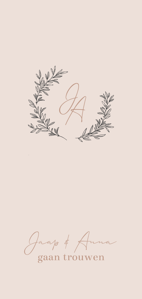 Klassieke trouwkaart met krans takje met initialen met roze