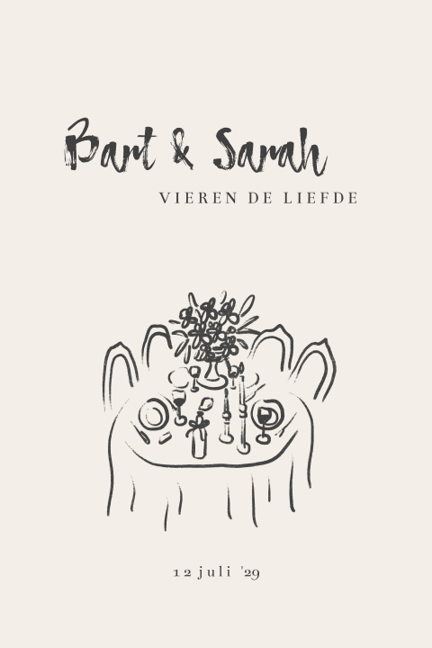 Trouwkaart met tafelsetting doodles zwart beige