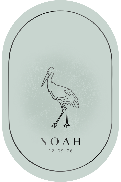 Geboortekaartje lijntekening ooievaar zwarte lakfolie groen ovaal