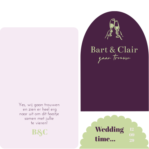 Trouwkaart stapelset paars en groen met doodles proost