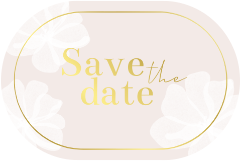 Save the date kaart ovaal liggend witte bloemen roze goudfolie rand