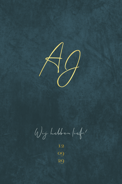 Trouwkaart velvet look donkerblauw initialen goudfolie