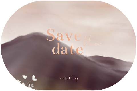 Save the date kaart ovaal liggend paars roze bergen zonsondergang