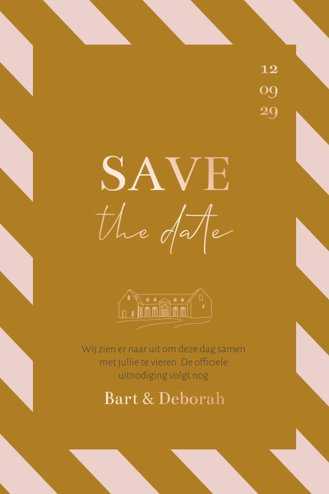 Save the date kaart met strepen roze en oker met trouwlocatie