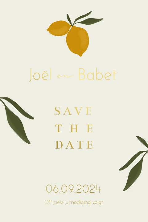 Save the date kaart in italiaanse stijl citroenen goudfolie