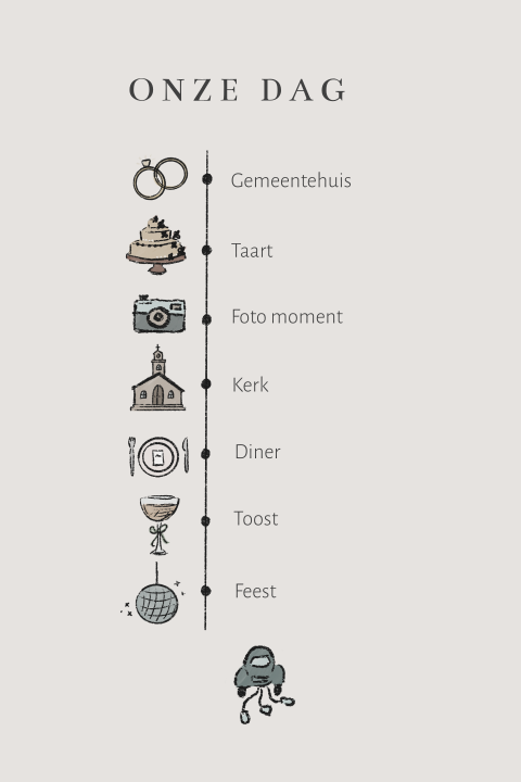 Dagprogramma voor de daggasten op de bruiloft met getekende icoontjes