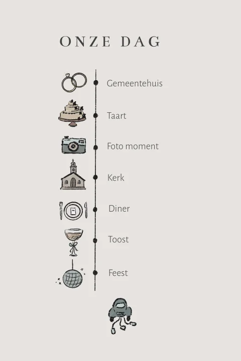 Dagprogramma voor de daggasten op de bruiloft met getekende icoontjes