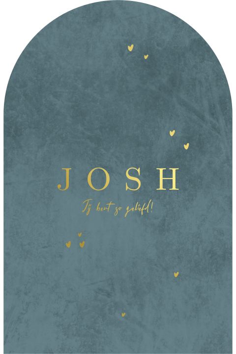 Geboortekaartje jongen boogvorm velvet blauw groen goudfolie hartjes