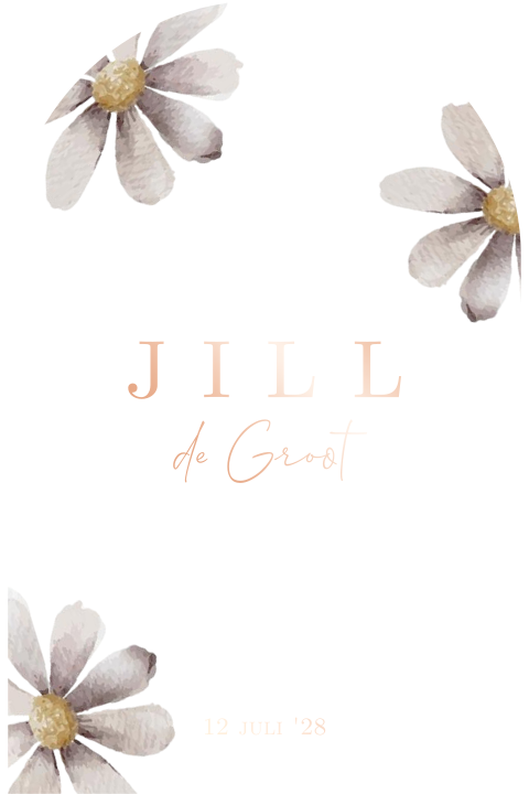 geboortekaartje meisje met geschilderde paarse bloemen en rosefolie