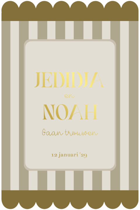 Trouwkaart vintage look met strepen groen bruin beige met goudfolie