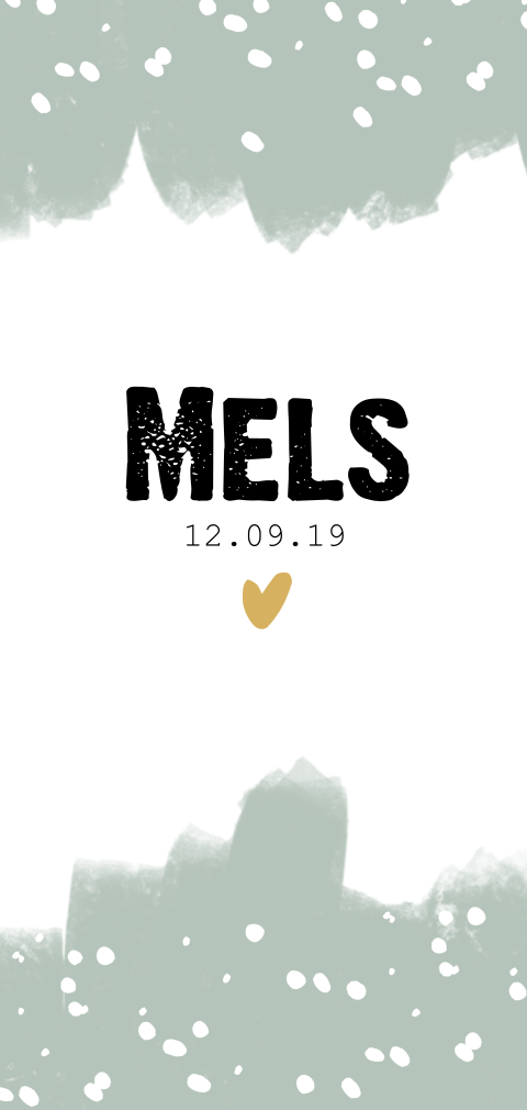 Stoer jongens geboortekaartje met verf vegen en okergeel hartje