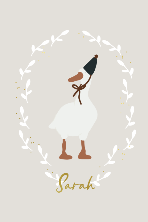 Geboortekaartje meisje met gans feestmuts en goudfolie