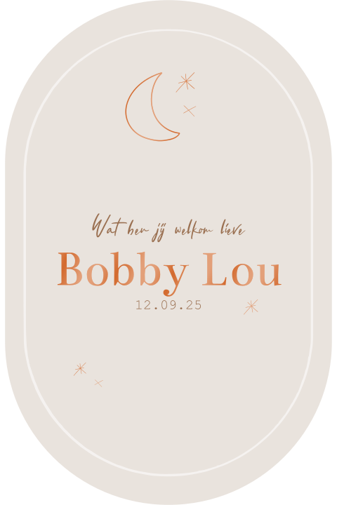 Ovalen geboortekaartje jongen meisje maan en sterretjes en koperfolie