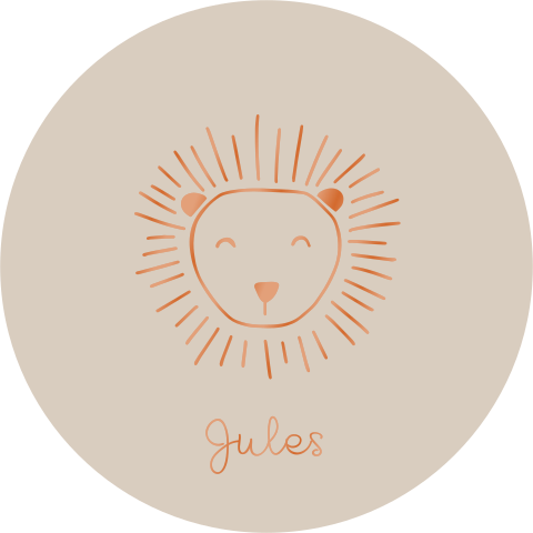 Rond geboortekaartje unisex lijntekening leeuwtje koperfolie