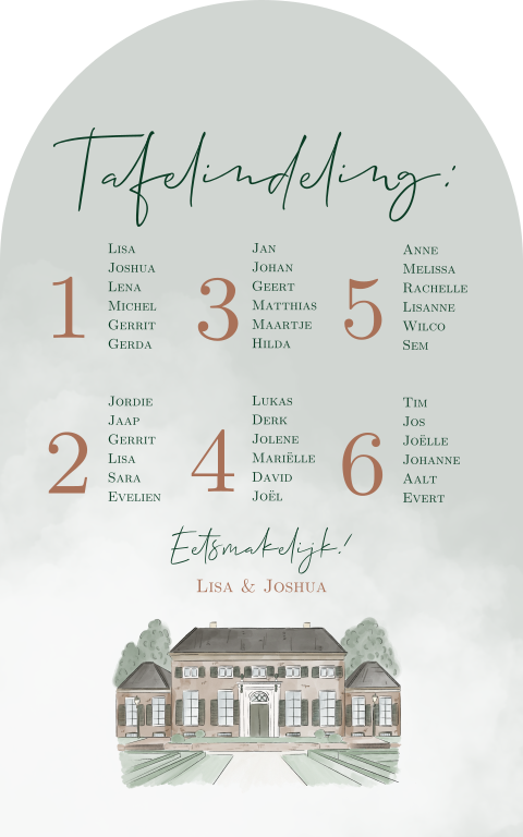 Tafelschikkingsbord met namen dag gasten en locatie Dudok in het park