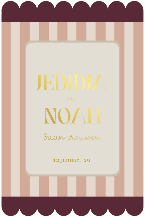 Trouwkaart vintage look met paars en roze met strepen en goudfolie