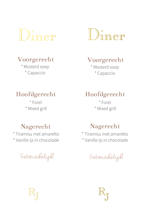 Menukaart passend bij de trouwkaart met goudfolie met initialen