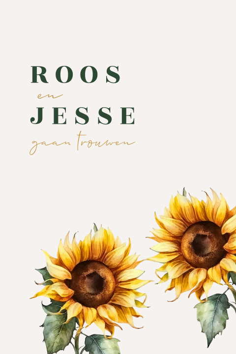 Trouwkaart met zonnebloemen groen beige en oranje